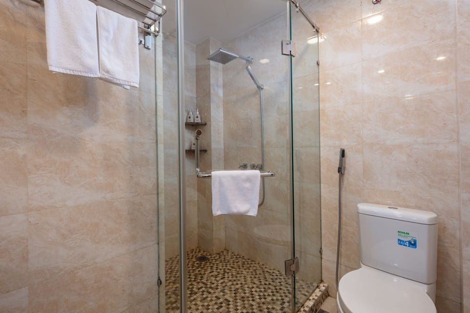 Shower, hydromassage showerhead, free toiletries, hair dryer