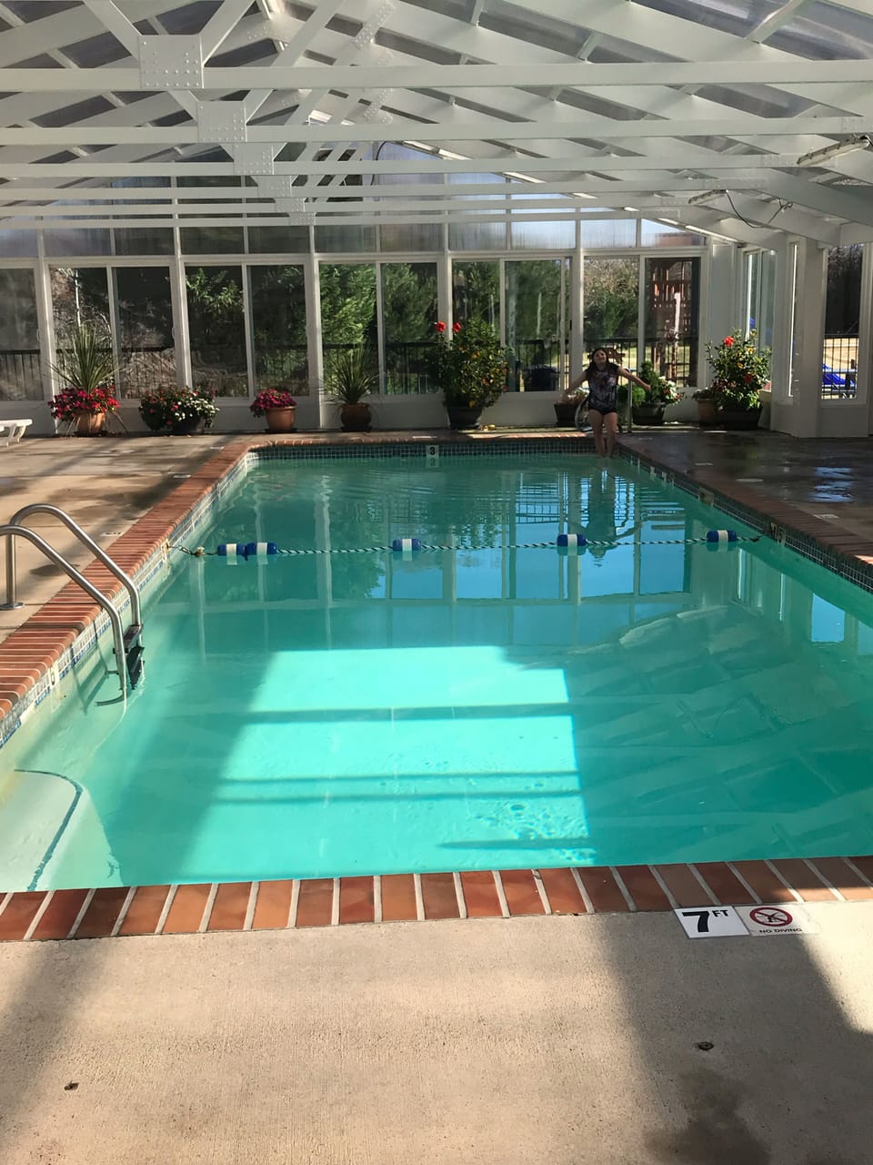 The indoor pool is surrounded by beautiful flowers 
