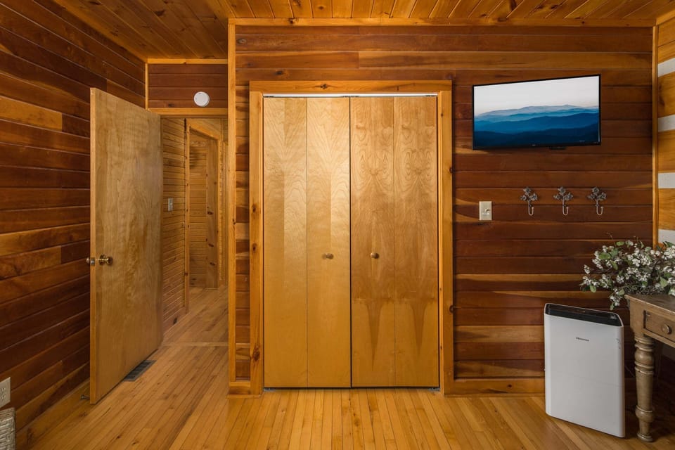 Main-level bunk room with TV and closet