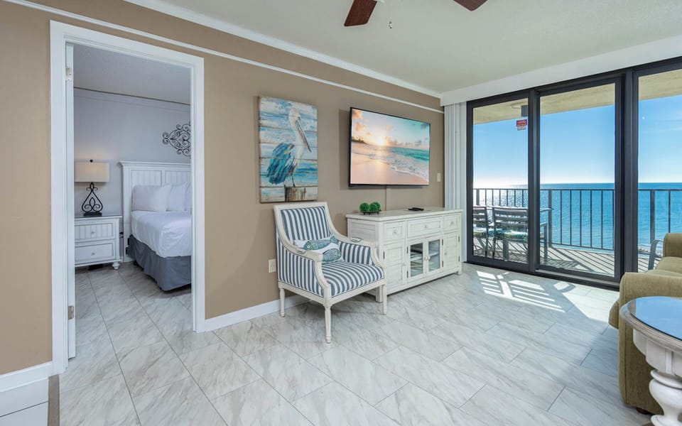 Enjoy beautiful coastal views while streaming a movie with the family in this cozy living space