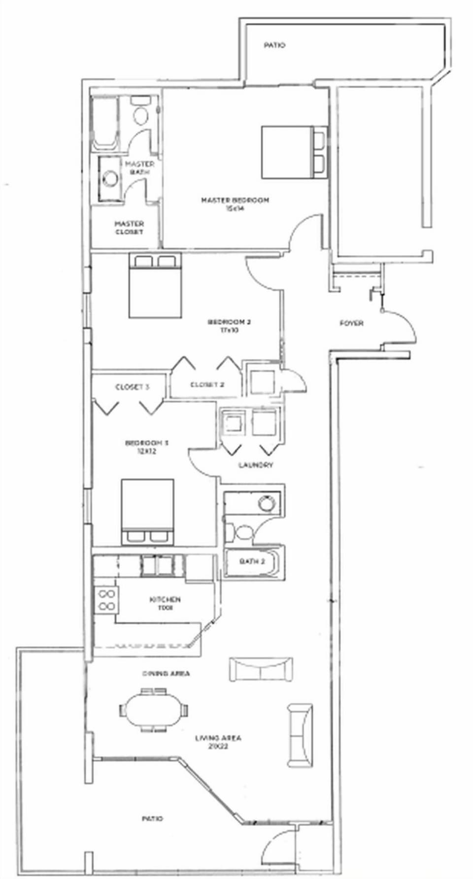 Floor plan showcasing a three-bedroom, two-bath layout with open living and dining areas, ideal for family gatherings