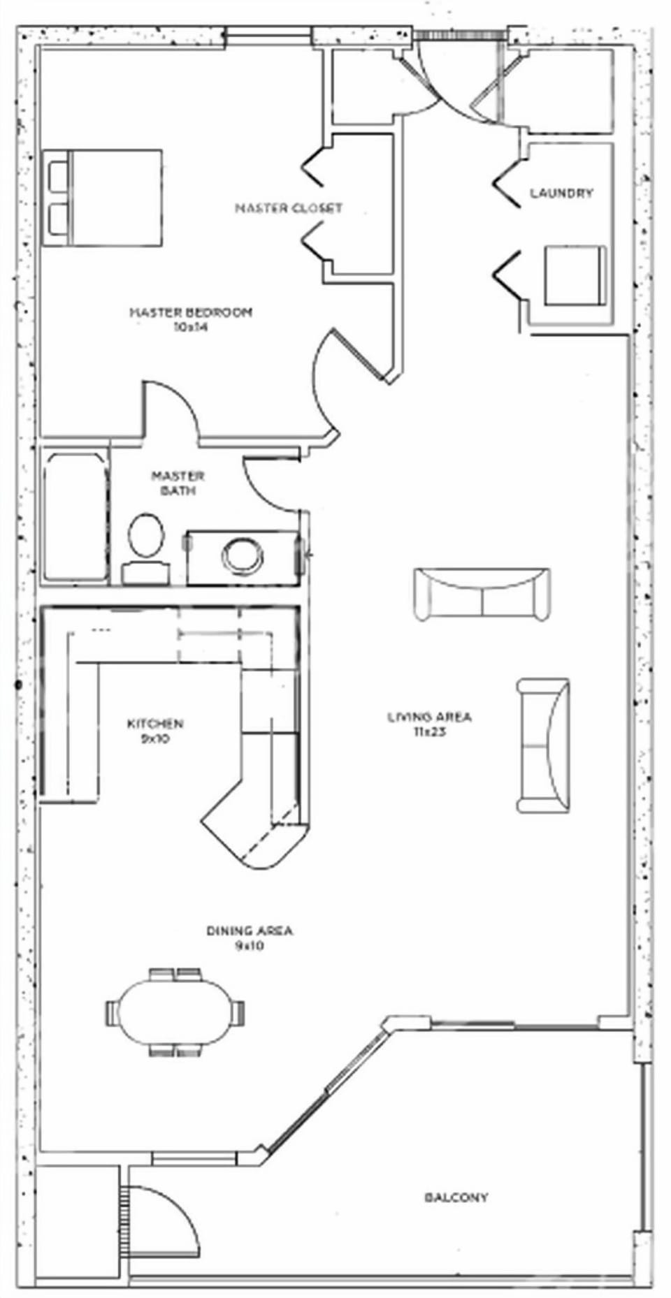 One-bedroom layout with spacious living, dining, and kitchen areas with beachfront balcony access