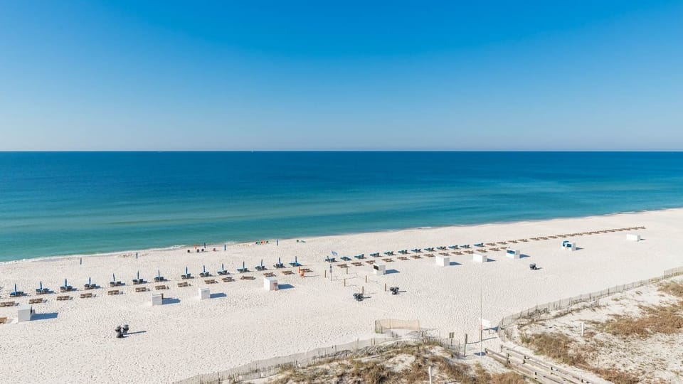 Expansive shoreline with lounge chairs and umbrellas, perfect for soaking up the sun and relaxing by the water