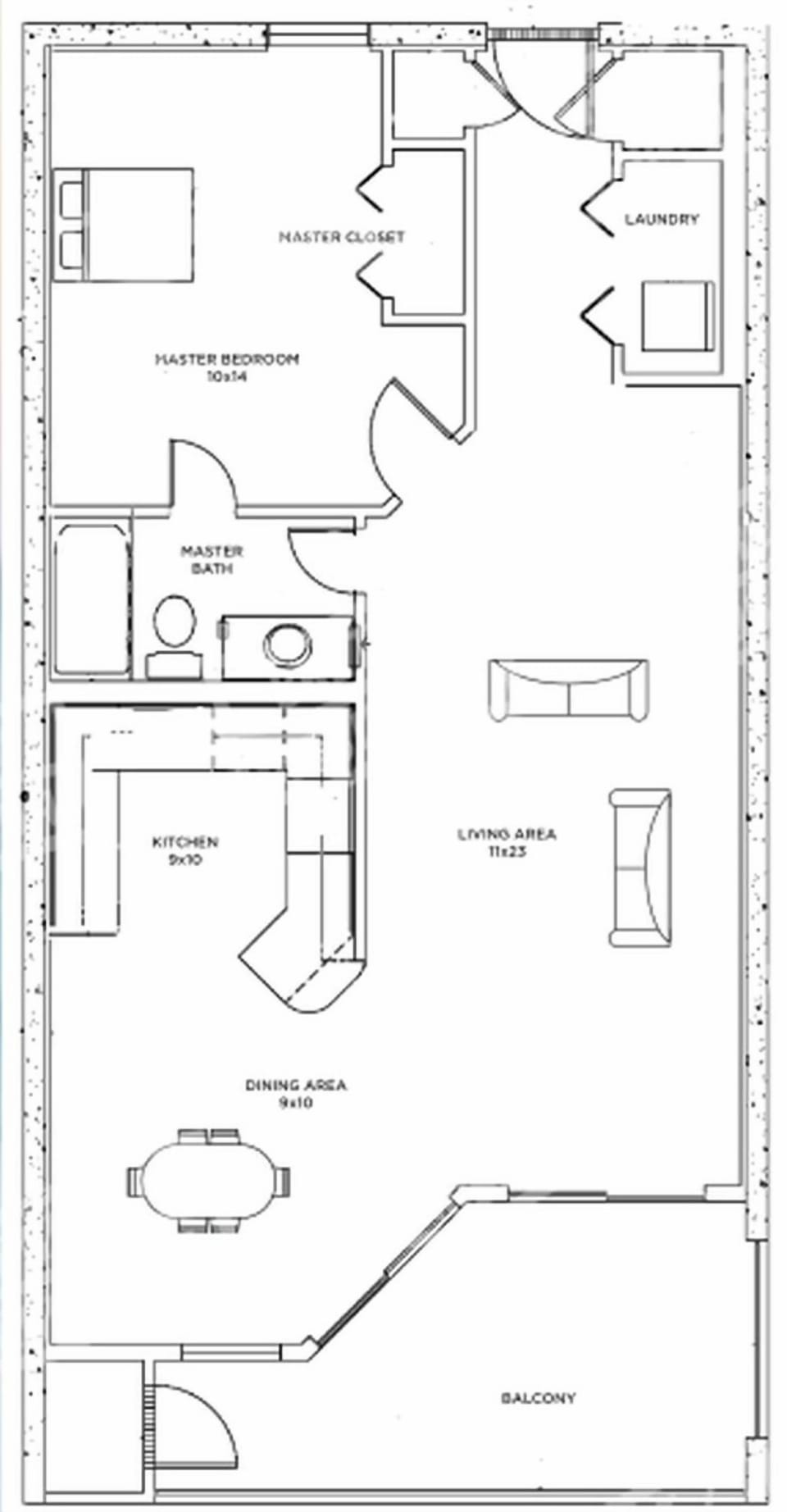 One-bedroom layout with spacious living, dining, and kitchen areas with beachfront balcony access