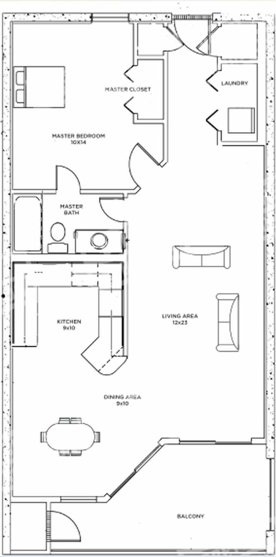 Floor plan of a one-bedroom residence featuring a master bedroom, living area, kitchen, balcony, and additional full bath