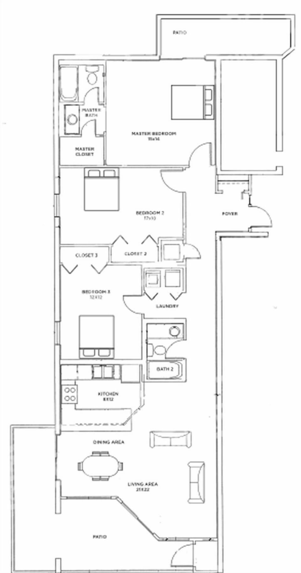 Three-bedroom layout with spacious living area, beach balcony from the living space, and north balcony from the master suite