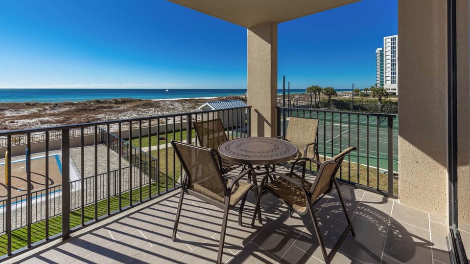 Enjoy meals on the balcony with views of the tranquil water and nearby recreational areas