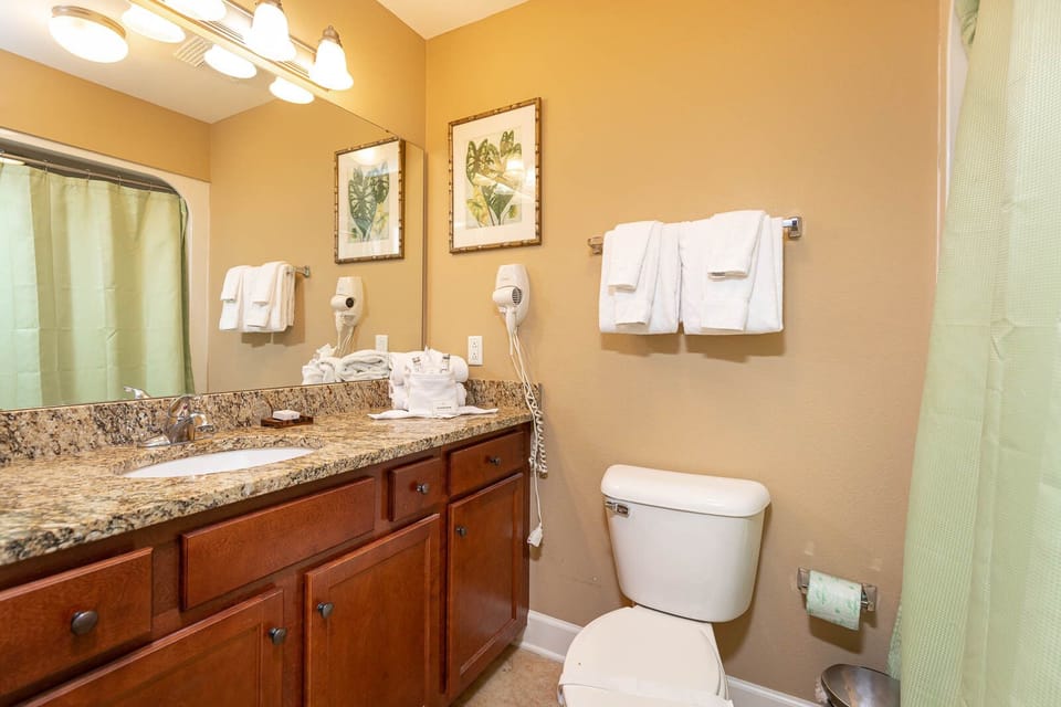 This bathroom features a granite countertop, soft green accents, and decorative plant artwork for a refreshing atmosphere