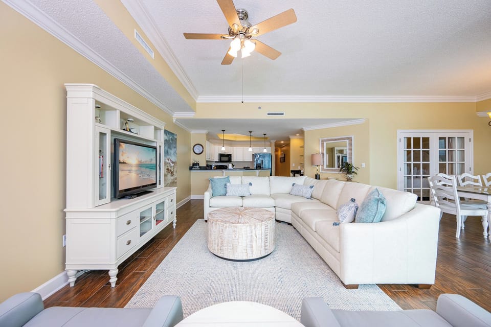 Feel the cozy vibe as you stream your favorite shows from the comfort of the sectional sofa with a queen sleeper