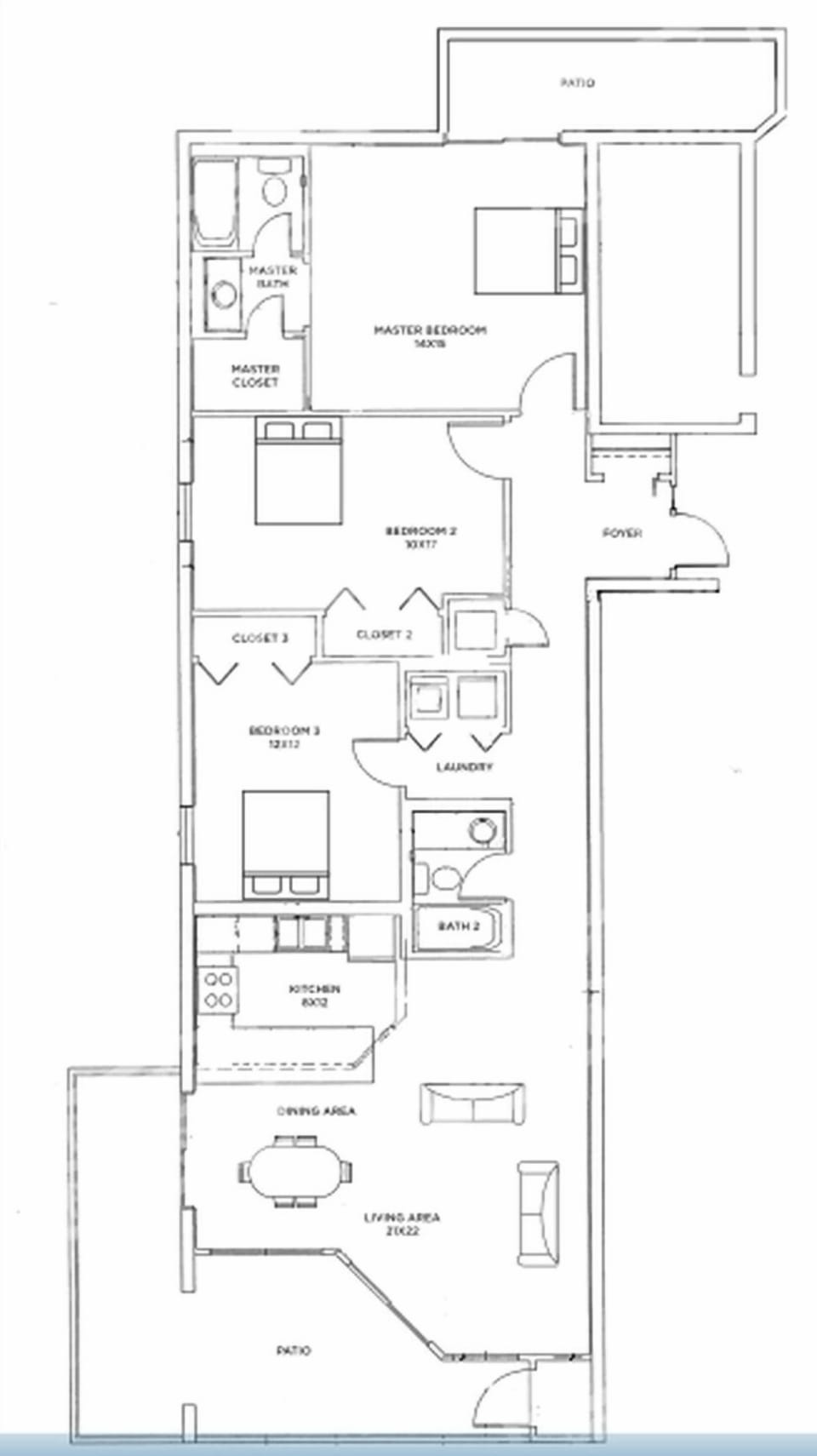 Floor plan showcasing a three-bedroom, two-bath layout with open living and dining areas, plus a well-equipped kitchen