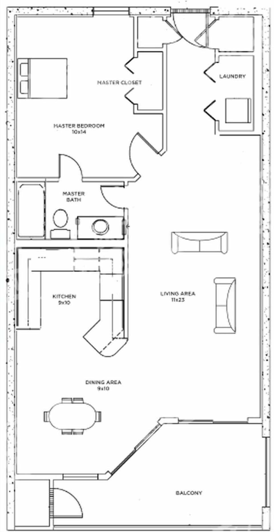 One-bedroom layout with spacious living, dining, and kitchen areas with beachfront balcony access