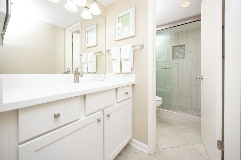 Refresh in the master bathroom featuring a spacious vanity, modern fixtures, and a walk-in shower