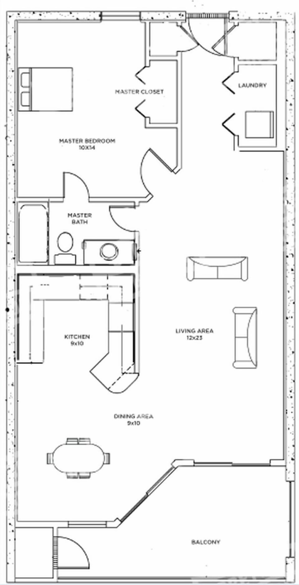 Floor plan showcasing a 1-bedroom layout with a living area, kitchen, dining space, balcony, and additional half bath