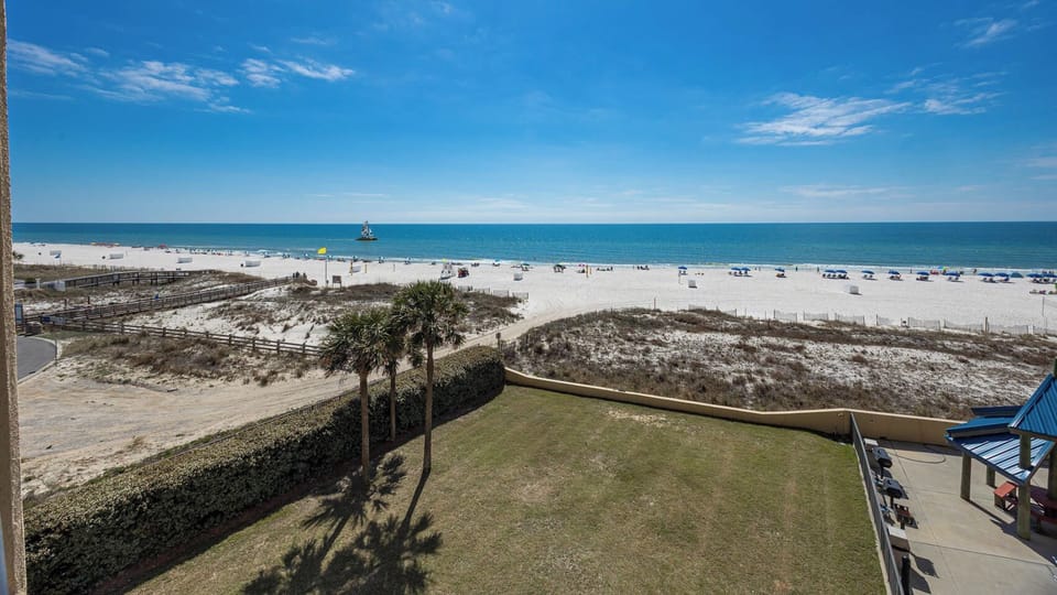 Expansive view of the beach with white sand, palm trees, and colorful umbrellas lining the shore under a clear blue sky