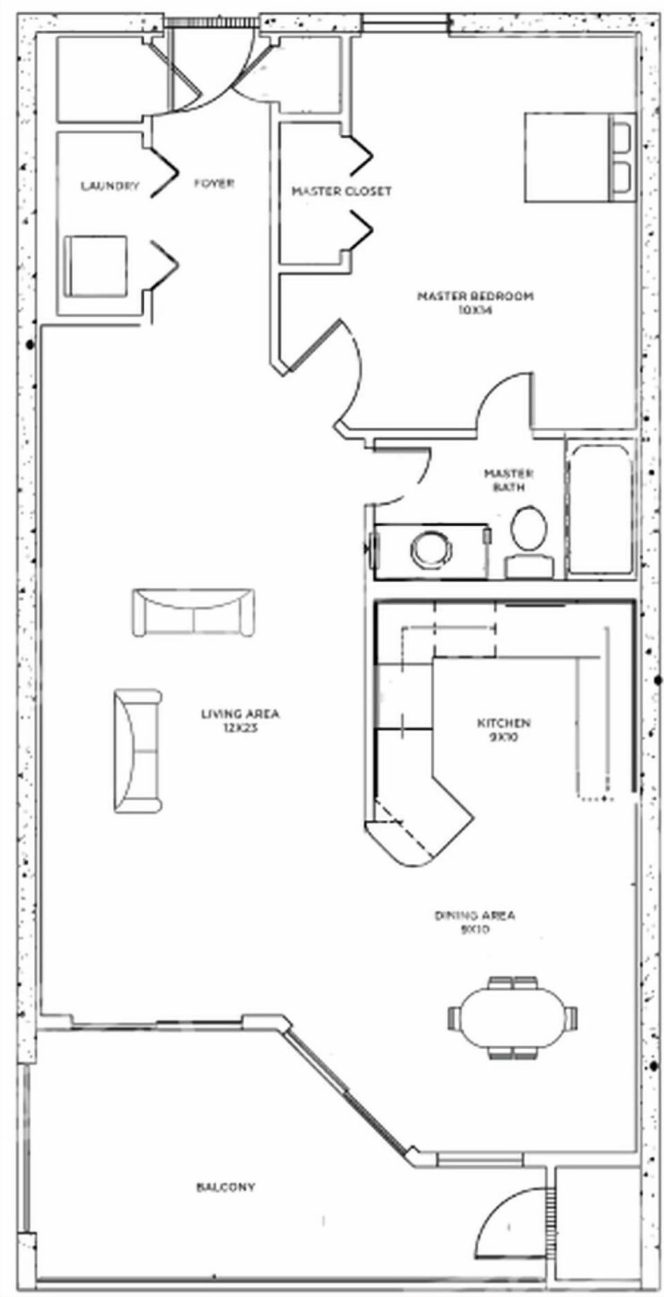 This floor plan includes a spacious living area and an additional half bath for convenience