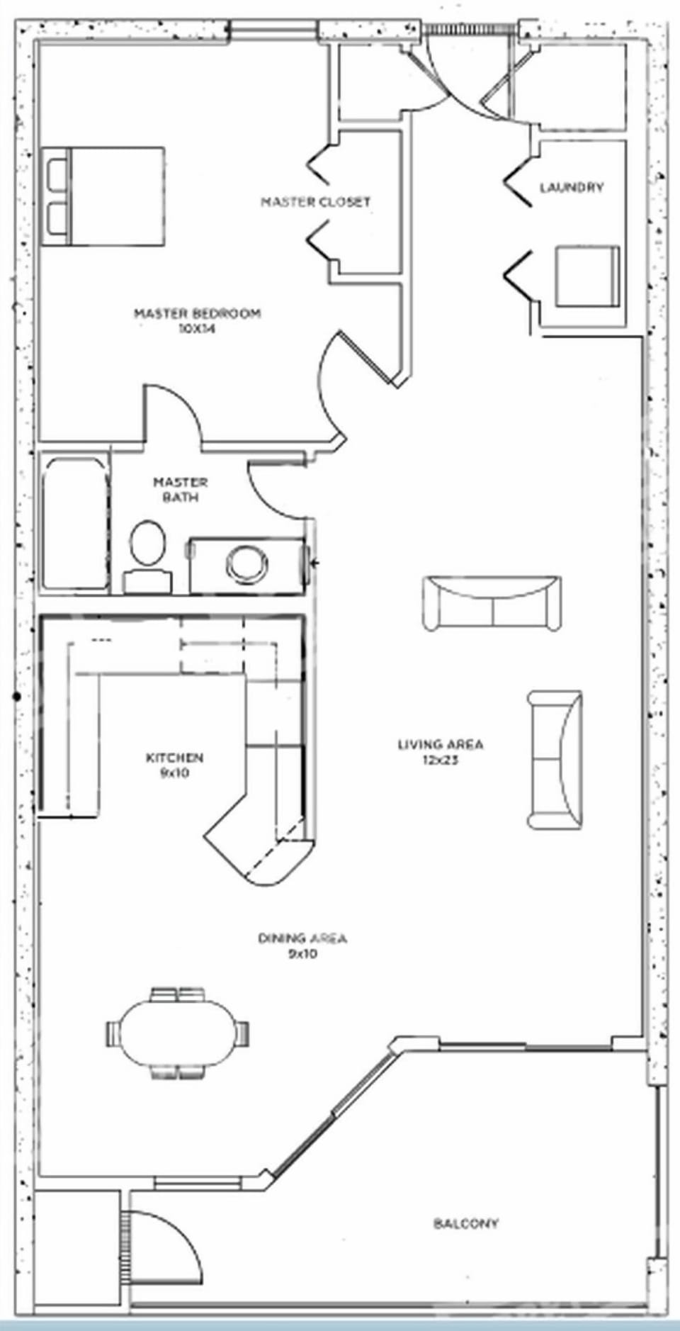 One-bedroom layout with spacious living, dining, and kitchen areas with beachfront balcony access