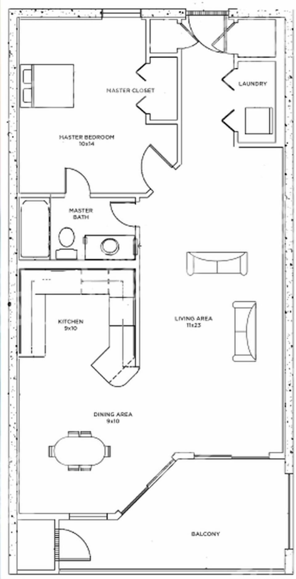 One-bedroom layout with spacious living, dining, and kitchen areas with beachfront balcony access