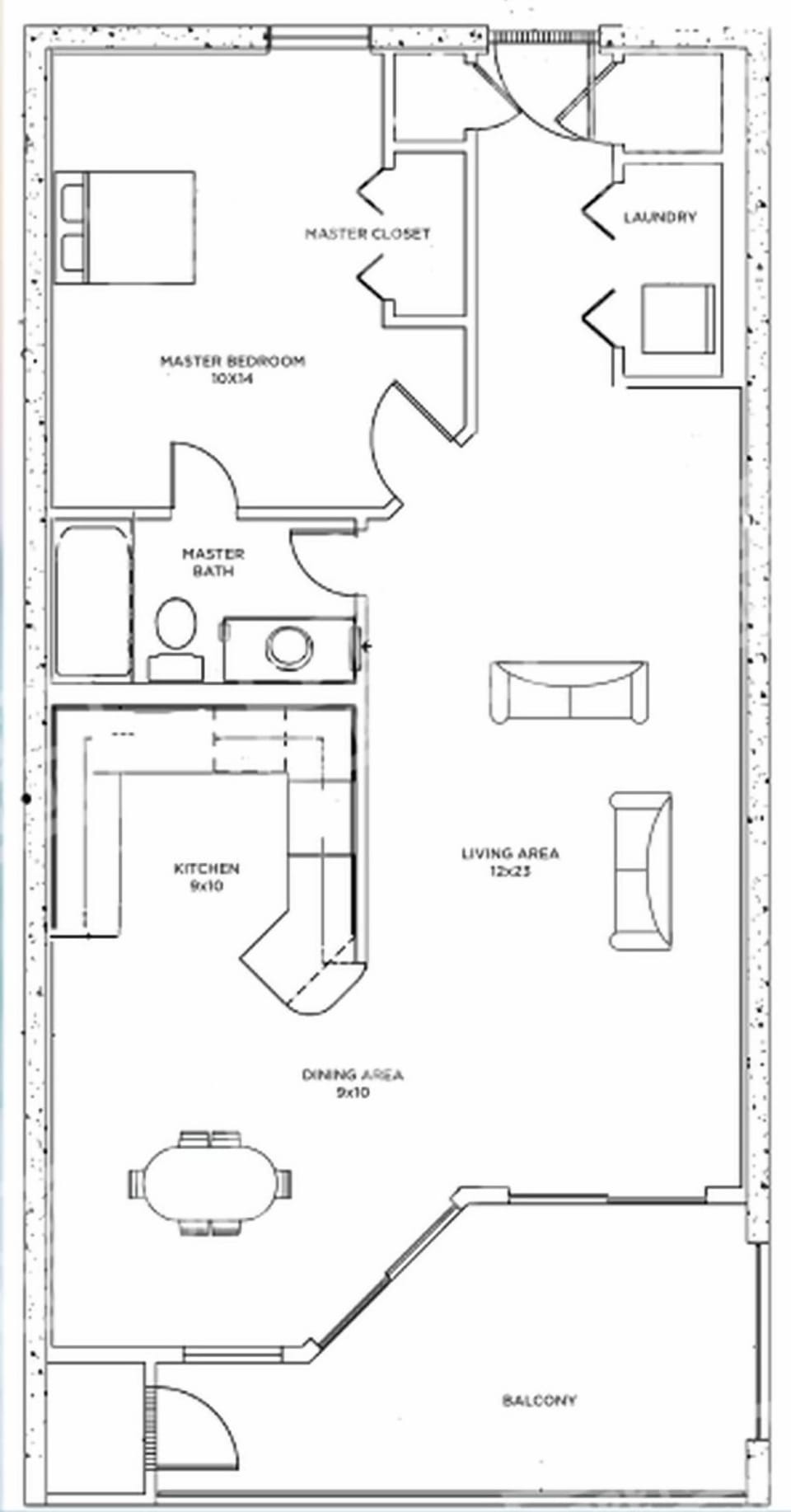 Floor plan showcasing a one-bedroom layout with a living area, kitchen, dining space, and balcony for relaxing views