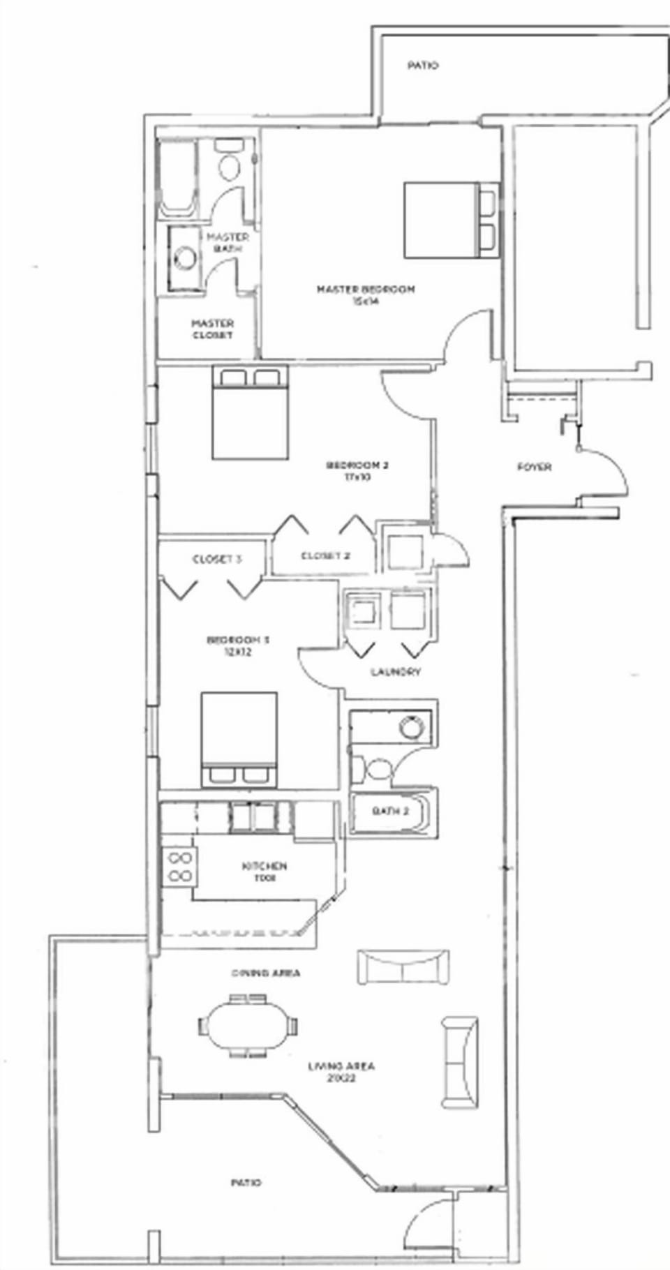 Floor plan showcasing a three-bedroom, two-bath residence with open living and dining areas, plus a balcony