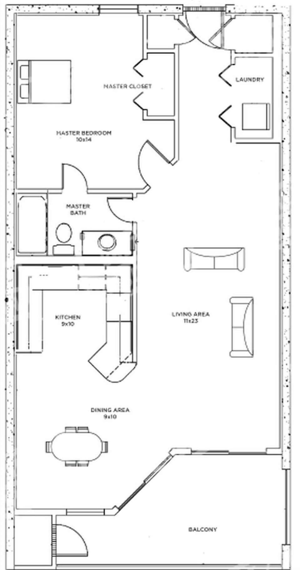 One-bedroom layout with spacious living, dining, and kitchen areas with beachfront balcony access