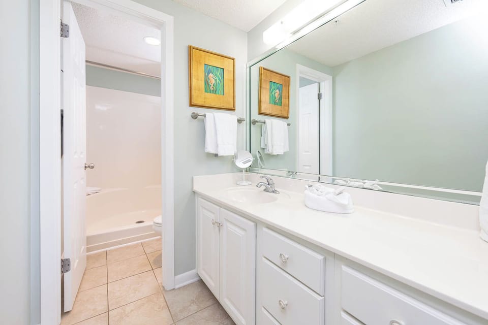 Discover the refreshing master bath with a spacious vanity and spacious walk-in shower