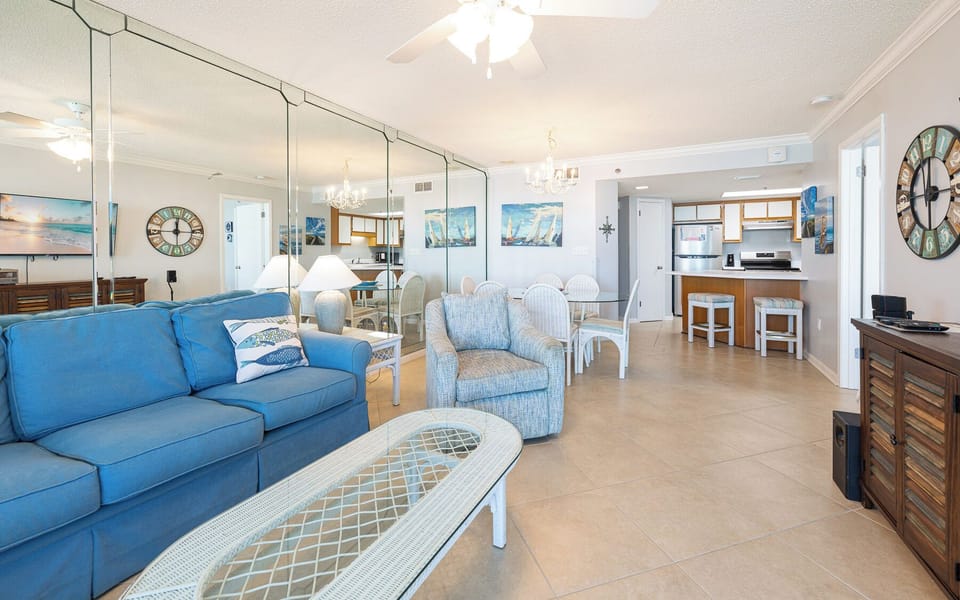 Lounge on the sofa with a queen sleeper while enjoying the vibrant decor and sharing stories with loved ones