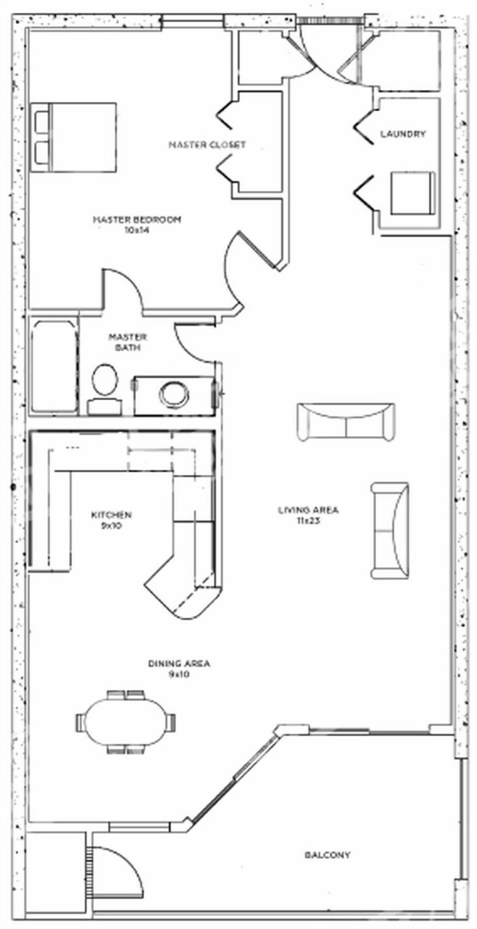 One-bedroom layout with spacious living, dining, and kitchen areas with beachfront balcony access
