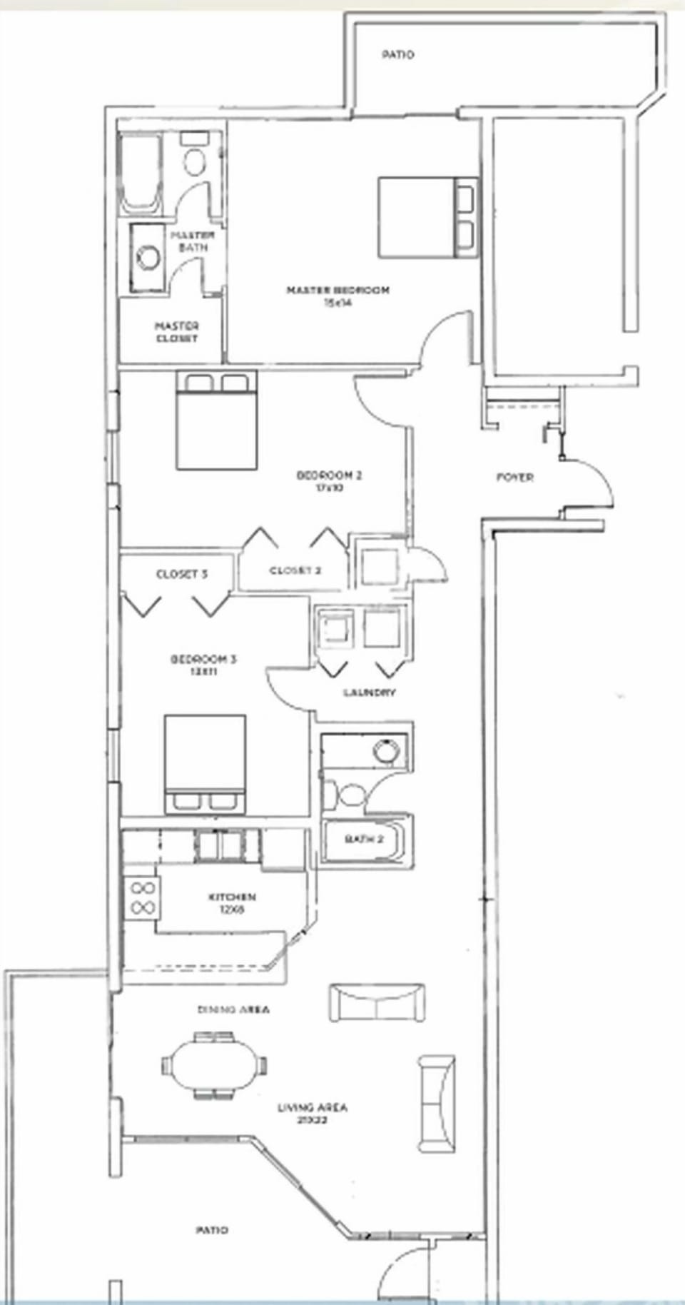 Three-bedroom layout with spacious living area, beach balcony from the living space, and north balcony from the master suite
