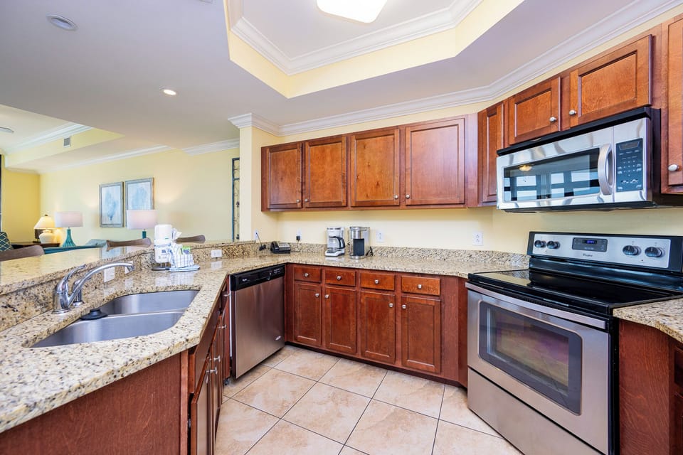 This kitchen features a convenient Keurig coffee maker for delightful mornings waking up to your favorite cup
