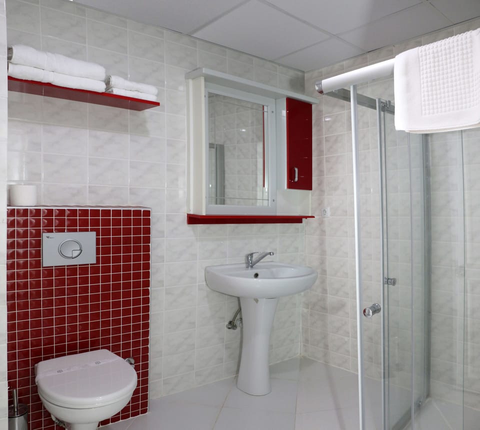 Shower, free toiletries, hair dryer, slippers