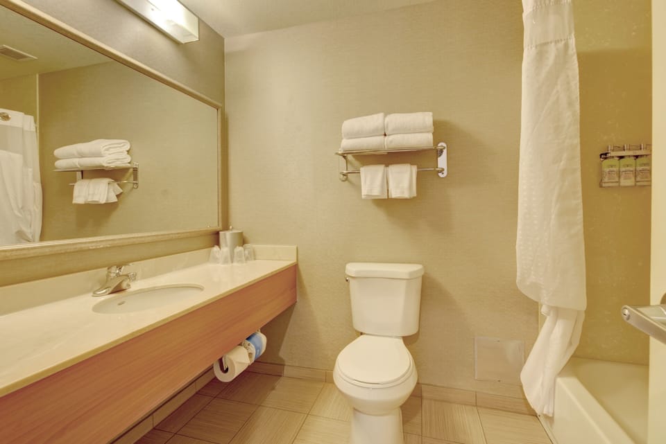 Combined shower/tub, hair dryer, towels