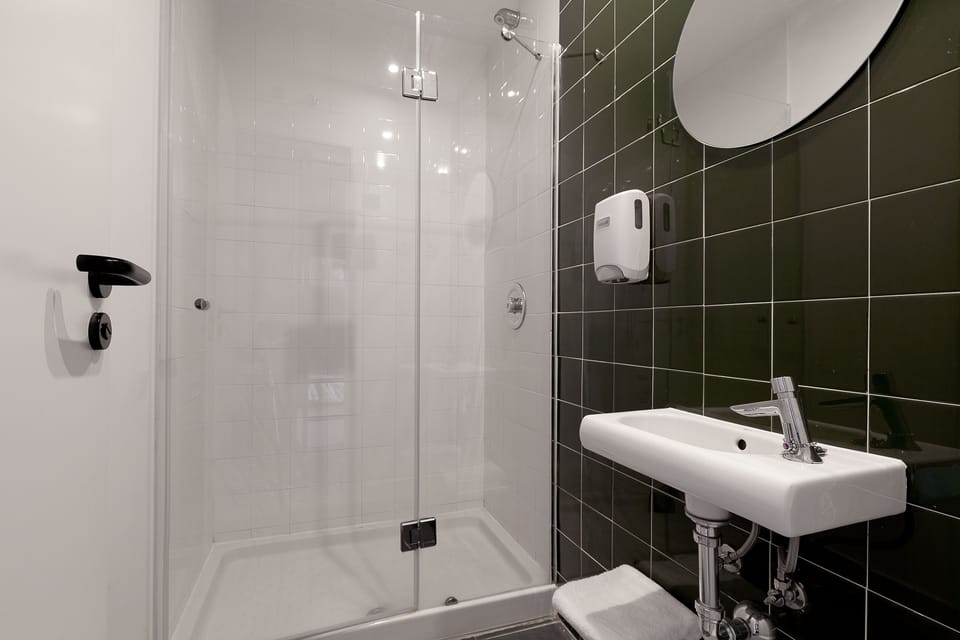 Shower, rainfall showerhead, hair dryer, toilet paper