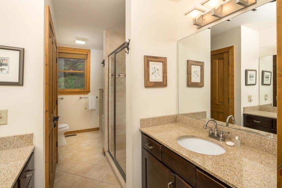 Main-level ensuite bathroom featuring a double vanity, walk-in shower, and tub