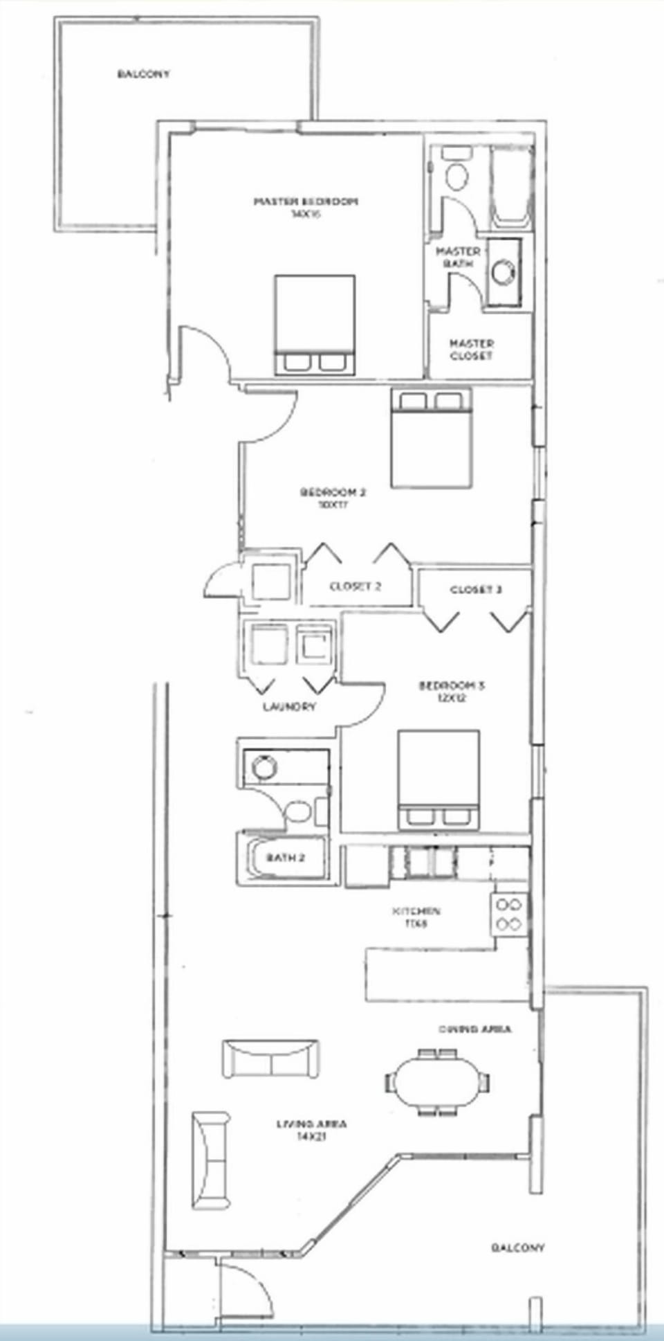 This floor plan outlines a three-bedroom, two-bath residence with a living area, kitchen, and balcony for outdoor relaxation
