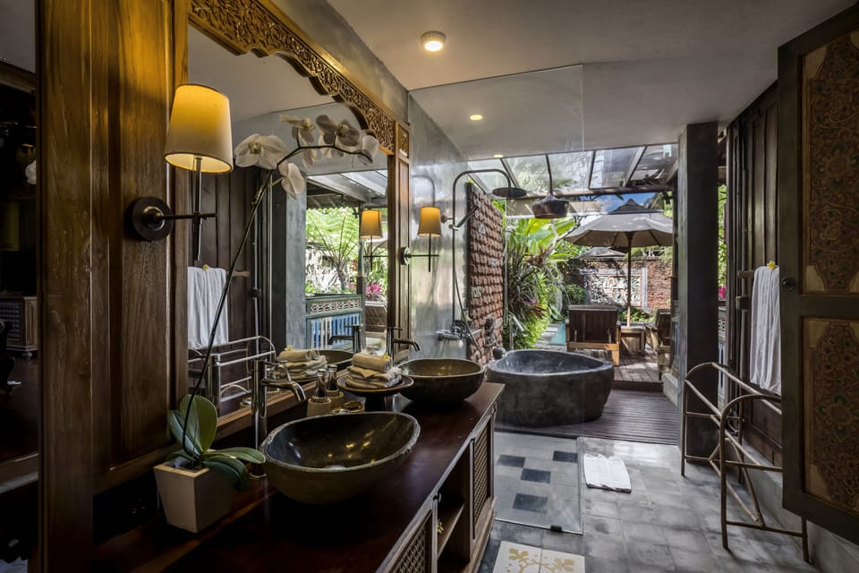 Artist Pool Villa | Bathroom | Separate tub and shower, rainfall showerhead, designer toiletries