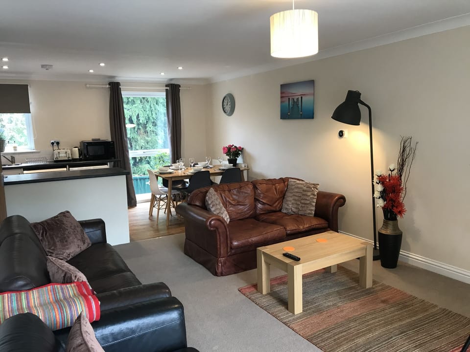 Large 18’ lounge with 2 x leather sofas and 1 x leather chair plus new 4K TV