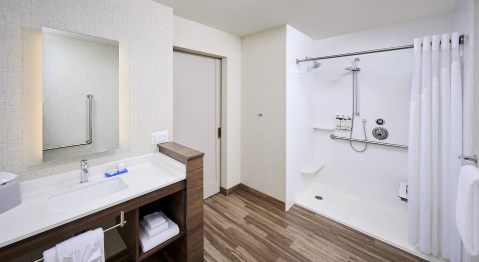 Standard Room, 1 King Bed, Roll-in Shower (Mobility, Roll-In Shower) | Bathroom | Free toiletries, hair dryer, towels, soap