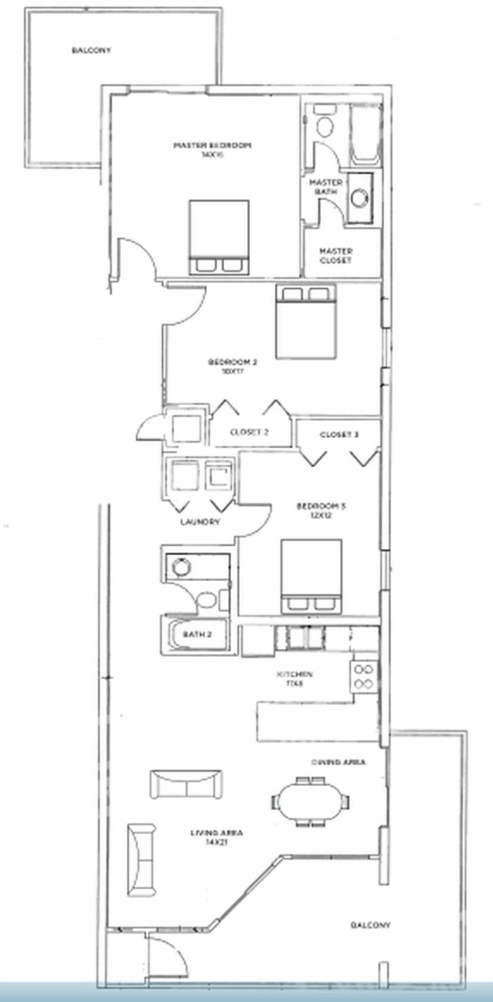 This floor plan showcases a three-bedroom, two-bath residence with a spacious living area and convenient kitchen layout