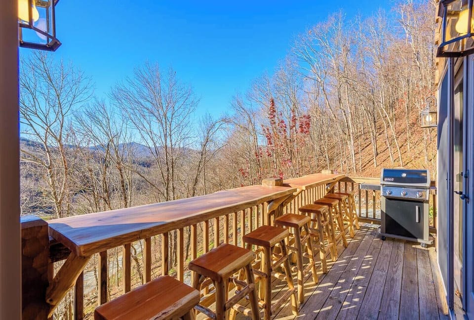 Deck with Live Edge Outdoor Dining Bar, Seating for 8, and Gas Grill