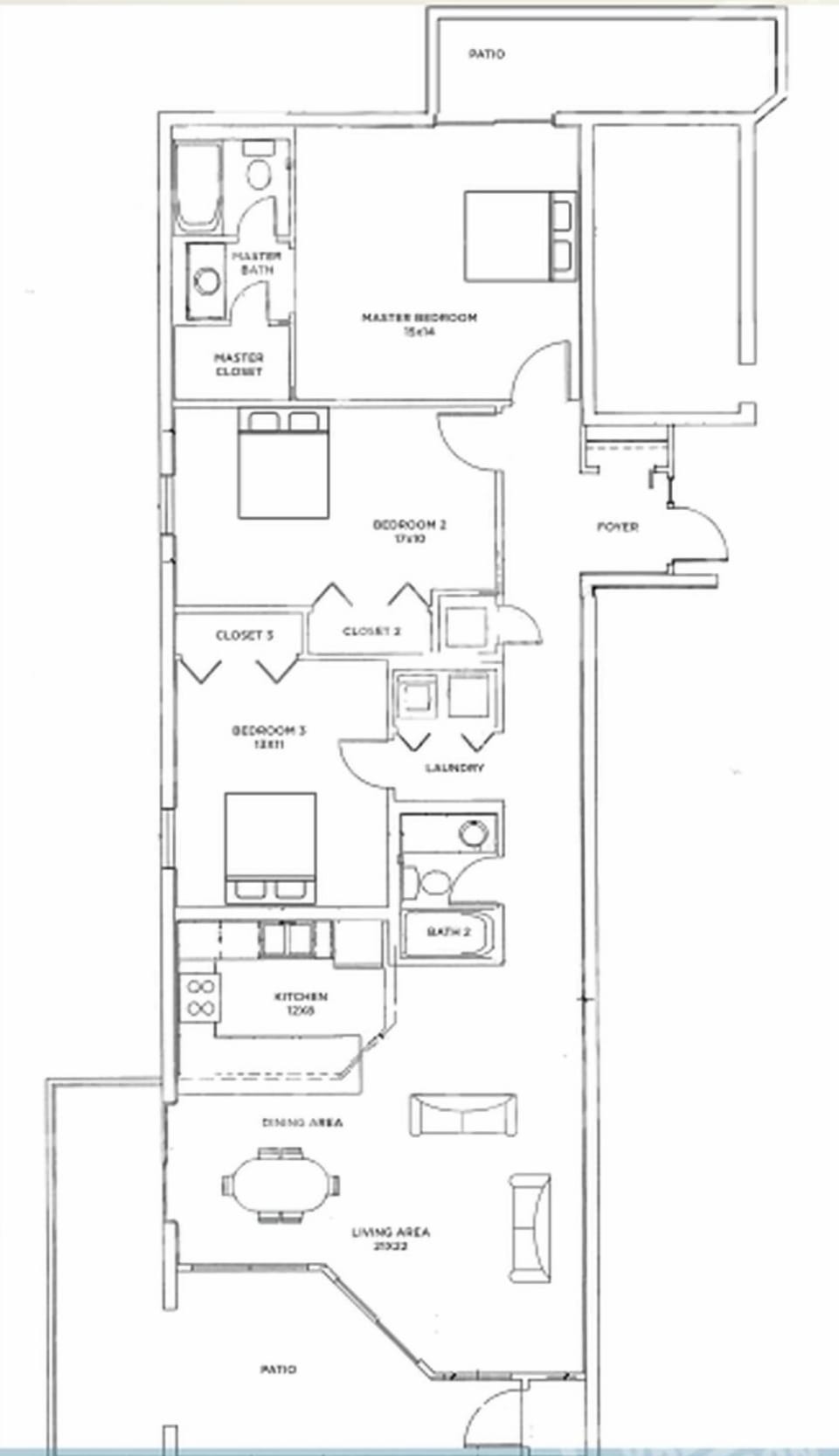 Three-bedroom layout with spacious living area, beach balcony from the living space, and north balcony from the master suite