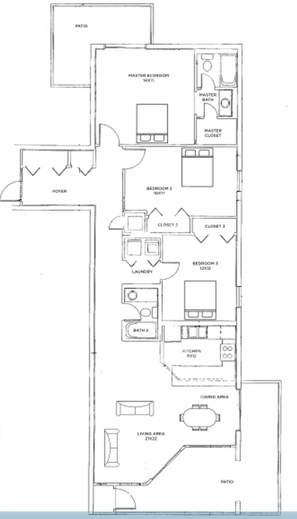 Three-bedroom layout with spacious living area, beach balcony from the living space, and north balcony from the master suite