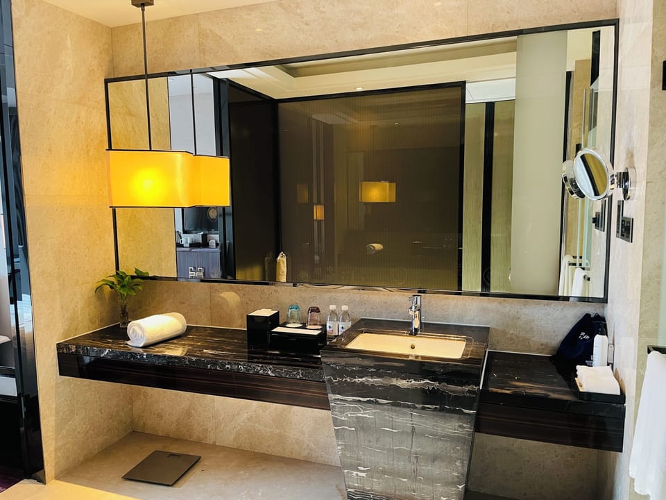 Separate tub and shower, free toiletries, hair dryer, bathrobes
