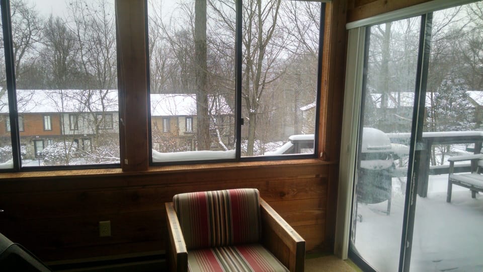 View from living room, gas grill on rear deck