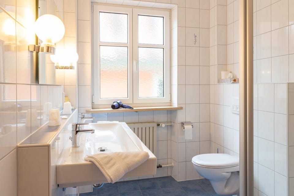 Shower, free toiletries, hair dryer, towels