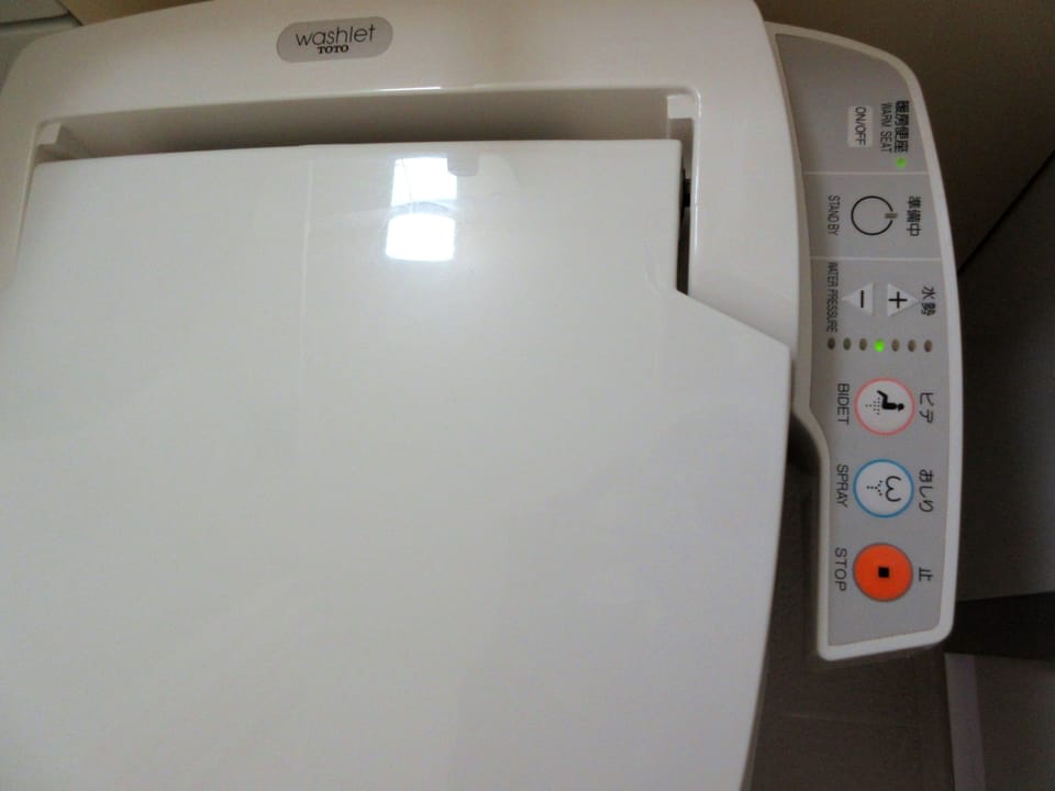Combined shower/tub, hair dryer, slippers, bidet