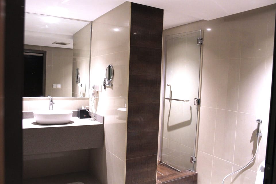 Shower, free toiletries, hair dryer, bathrobes