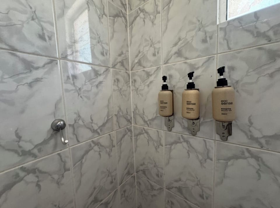 Shower, towels, soap, shampoo