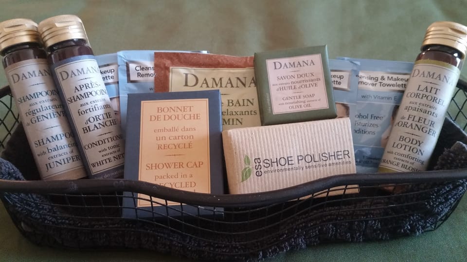 Designer toiletries, hair dryer, towels, soap