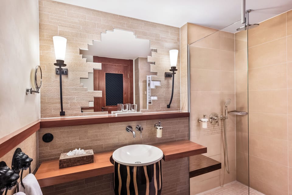 Shower, rainfall showerhead, hair dryer, bathrobes