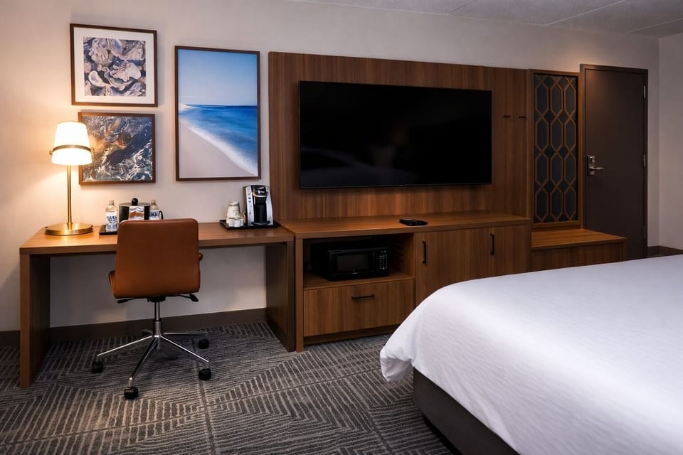 Premium bedding, pillowtop beds, desk, blackout drapes